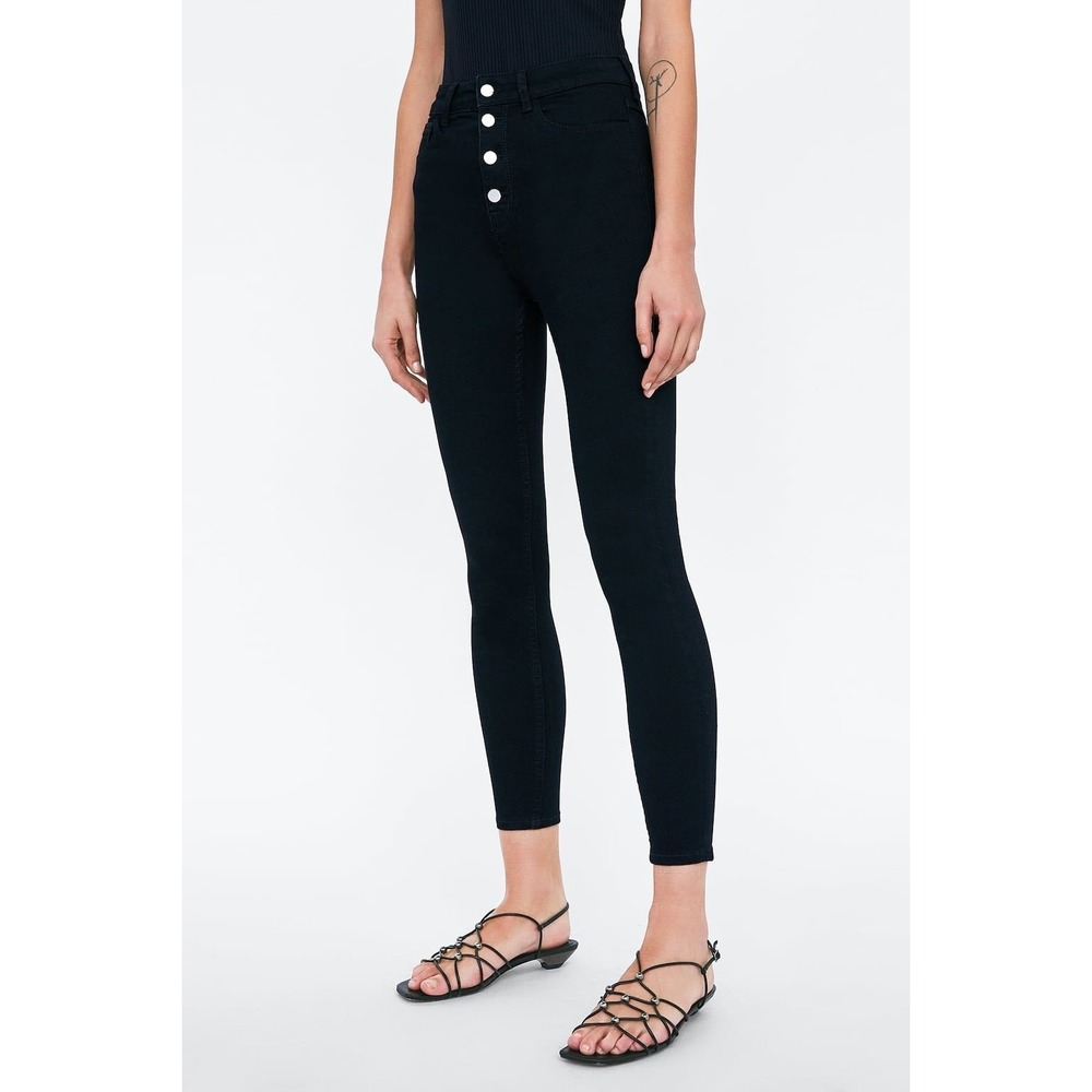ZARA WOMAN Denim Collection Black High Waisted Button Fly Skinny Jeans US 2